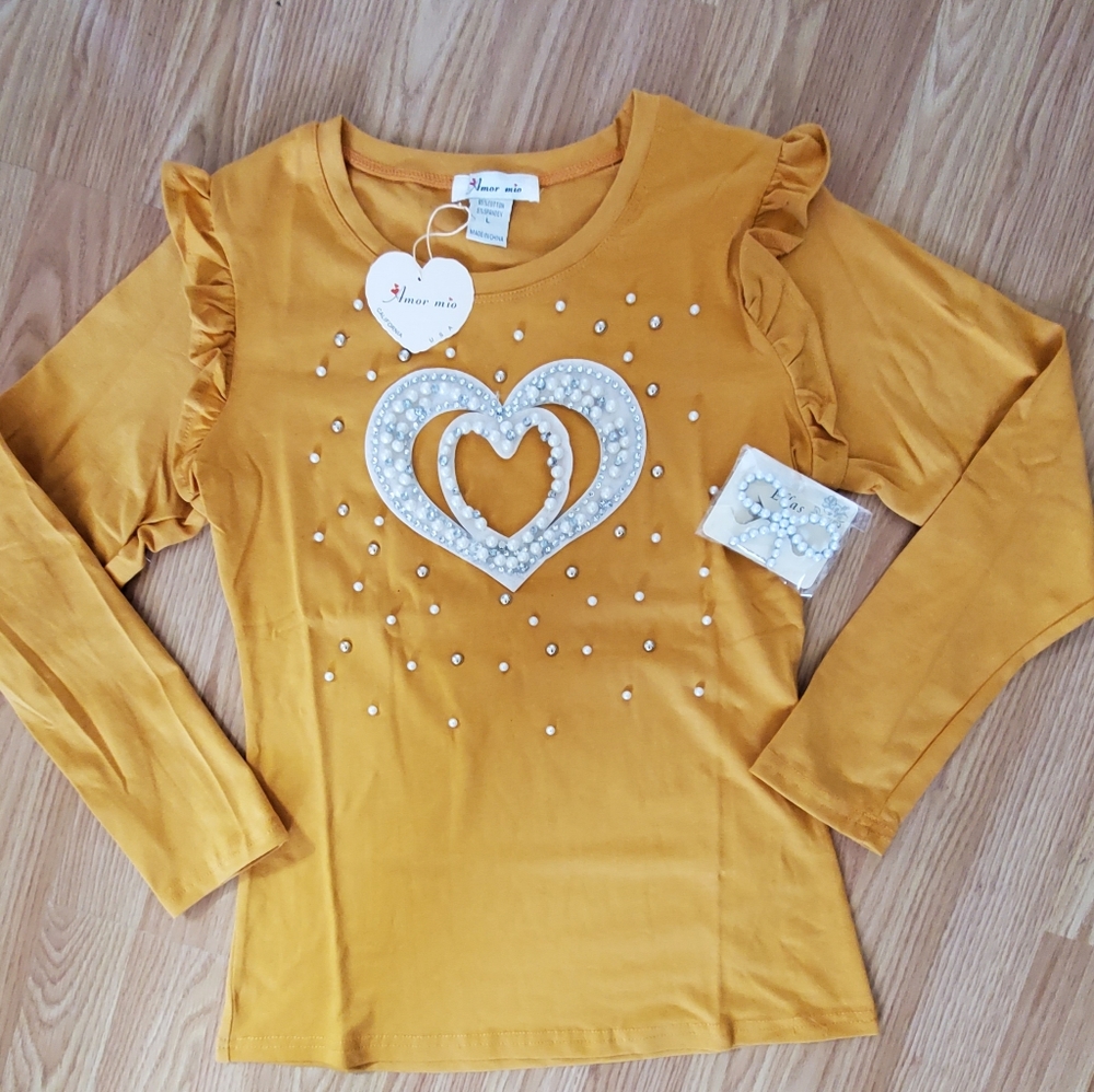 Amor Mio Mustard Yellow Pearl Heart Top Long Sleeve Ruffle Shoulder NWT Size L
